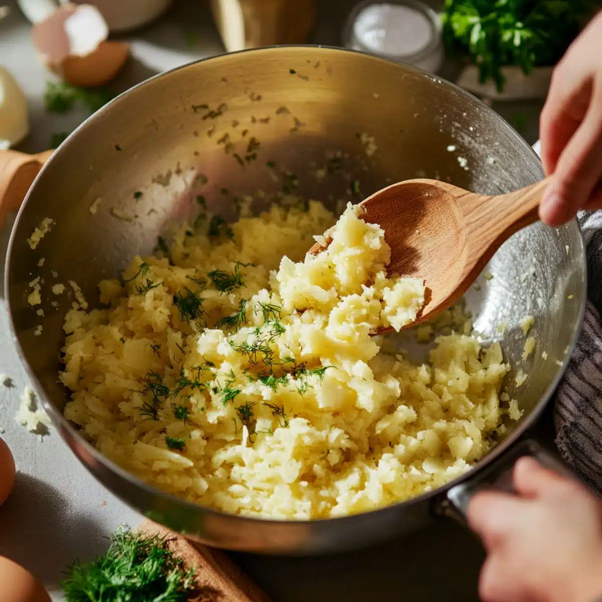 Hands mixing grated potatoes with chopped dill in a large metal bowl using a wooden spoon, surrounded by eggs, herbs, and kitchen tools for Passover potato pie.