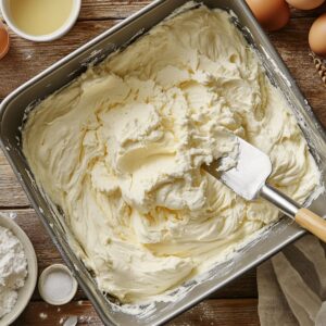 Creamy cheesecake filling being spread in a metal baking pan with a spatula, surrounded by eggs, sugar, and powdered ingredients on a rustic wooden surface.
