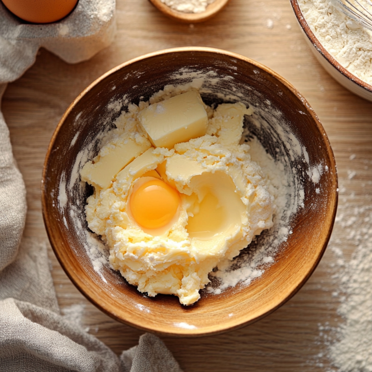 Bowl with creamed butter, sugar, egg, and vanilla, ready to mix for homemade cookie dough on a floured wooden surface.