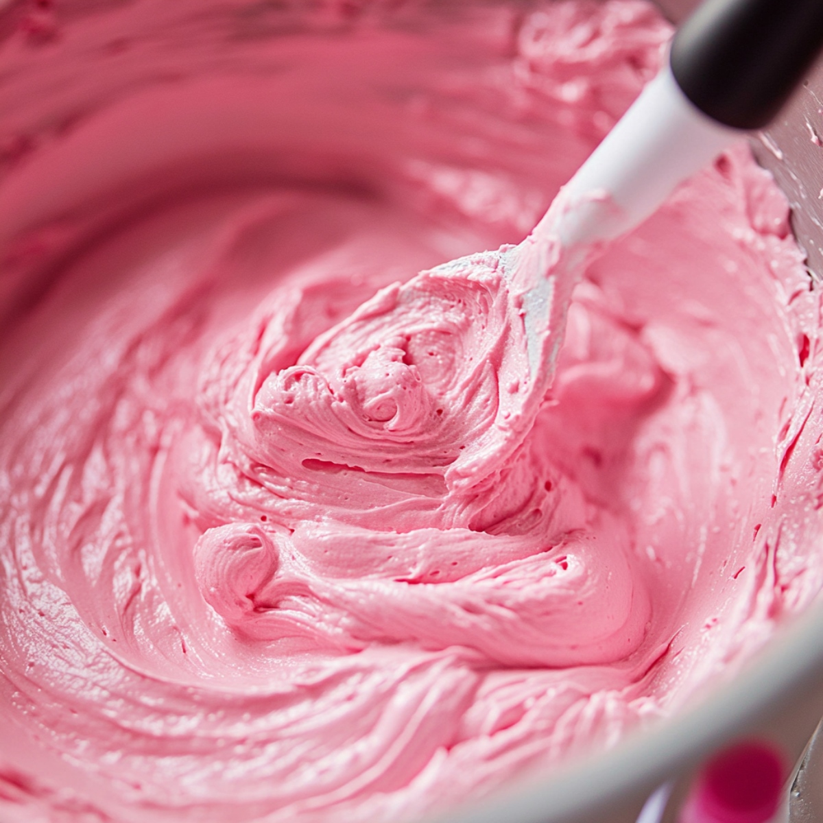 Close-up of fluffy pink cake batter being mixed with a spatula in a bowl, with soft swirls and a creamy texture—homemade and vibrant.