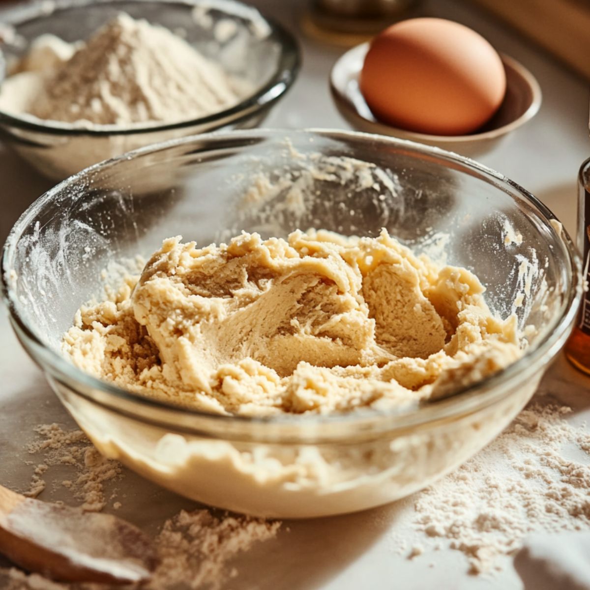 Thick cookie dough in a glass bowl on a floured countertop, with an egg, flour, and vanilla nearby in a warmly lit home kitchen.