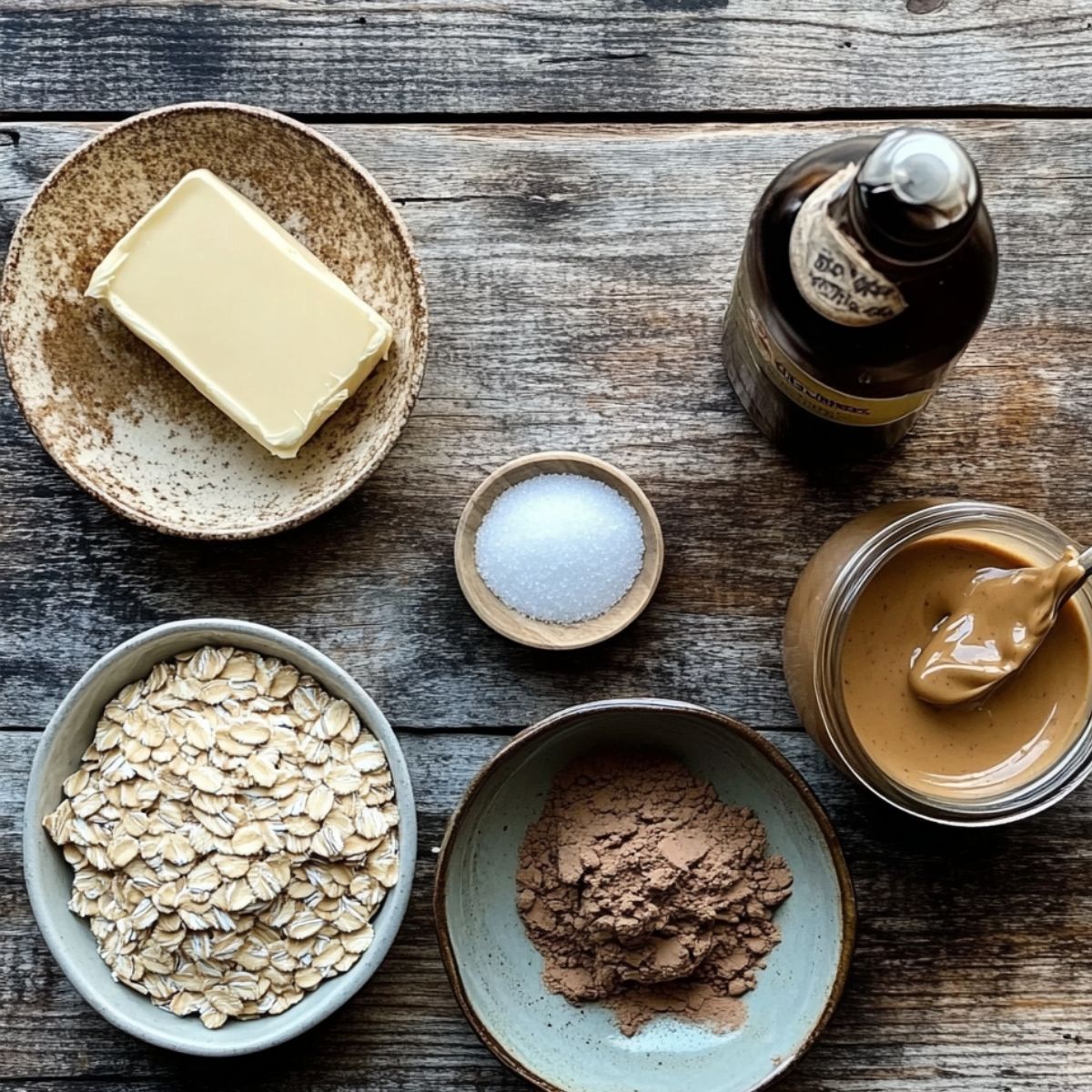 No bake cookie ingredients on a rustic wooden counter: butter, peanut butter, vanilla extract, oats, cocoa powder, sugar, and salt in small bowls. Cozy, homemade feel.