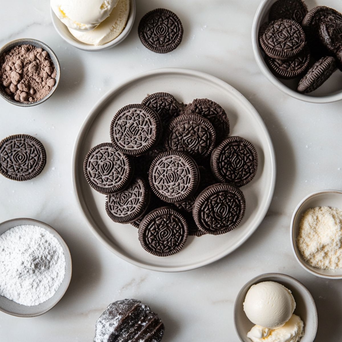 Oreos on a plate surrounded by baking ingredients like cocoa, flour, and ice cream on a marble countertop.