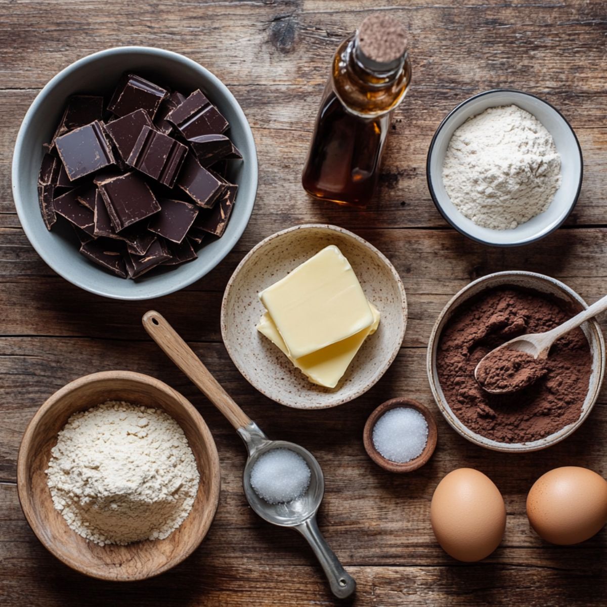 Rustic countertop with Oreo brownie ingredients: dark chocolate, butter, eggs, vanilla, flour, cocoa, sugar, and salt, naturally lit and ready for baking.