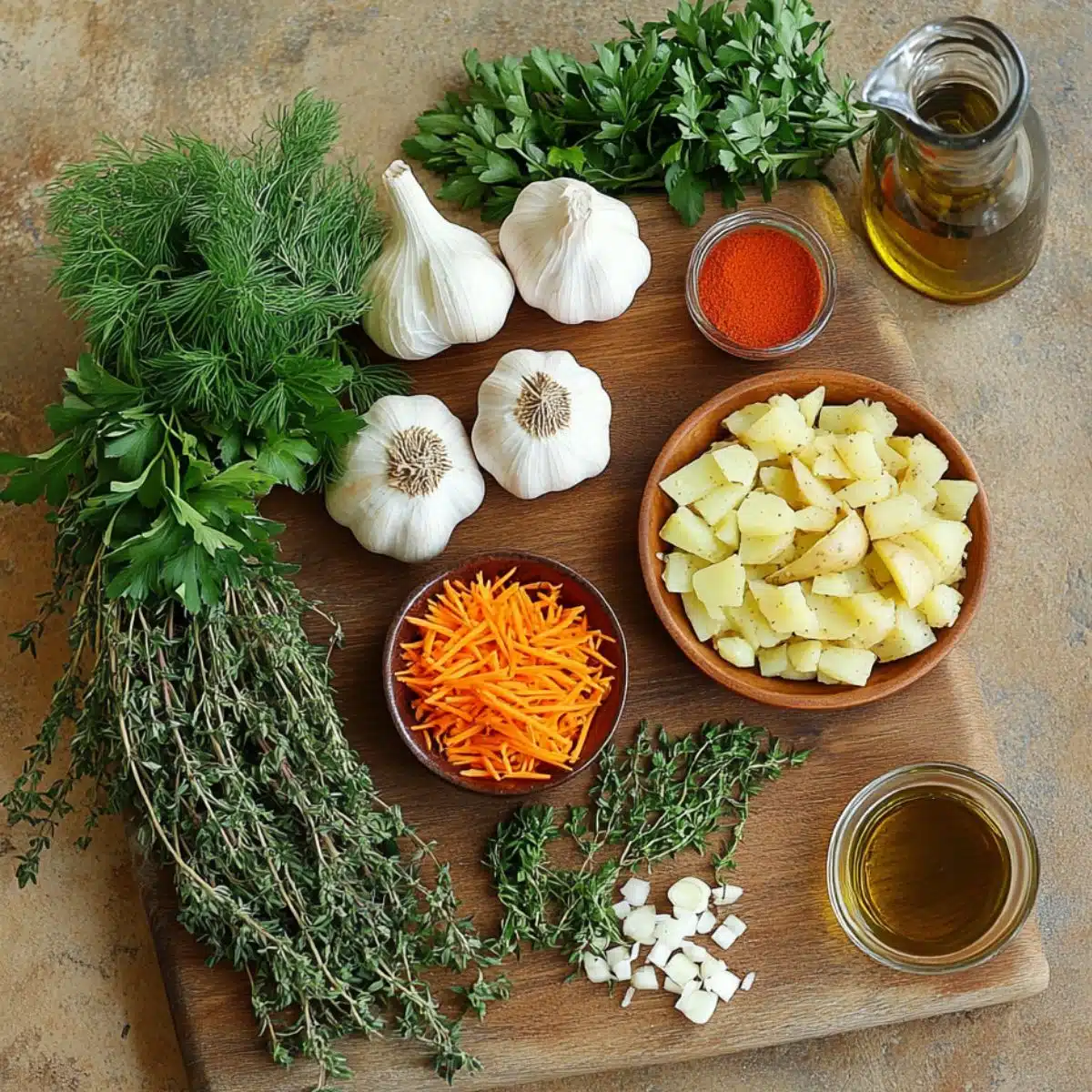 Chopped potatoes, fresh herbs, garlic, paprika, shredded carrot, scallions, and olive oil on a wooden board for Passover potato pie.