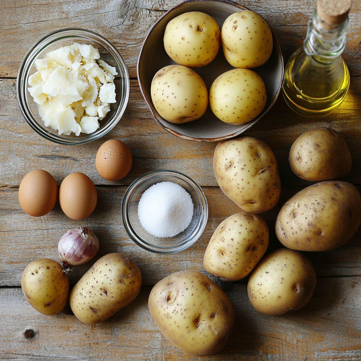 Ingredients for Passover potato pie on a rustic wooden table, including potatoes, eggs, garlic, olive oil, salt, and potato starch.
