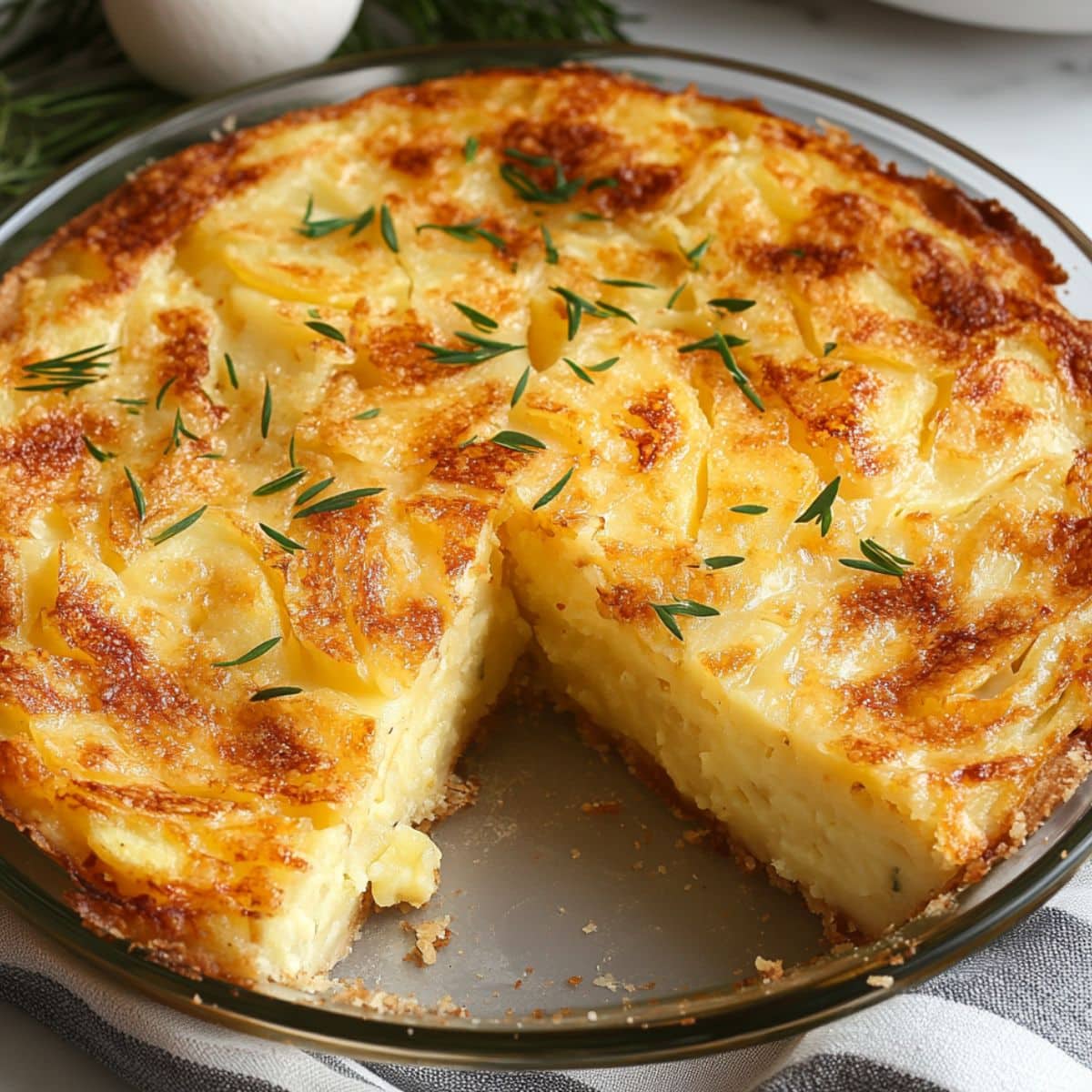 Golden-brown Passover potato pie in a glass baking dish, topped with fresh herb sprigs and one slice removed to reveal its creamy, layered interior.