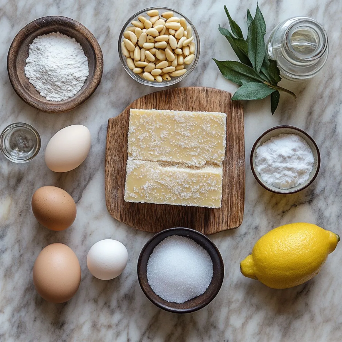 Ingredients for homemade Pignoli Cookies on a marble countertop, including almond paste, pine nuts, eggs, sugars, lemon, and almond extract.