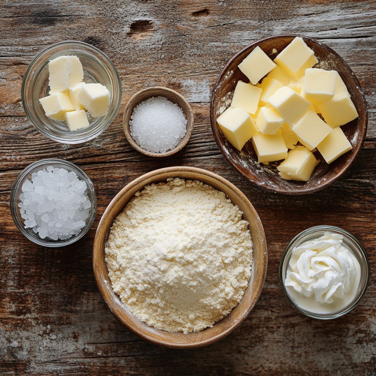 Pie crust ingredients on a rustic wooden surface: flour, cubed butter, coarse sugar, salt, and whipped cream in small bowls, naturally lit.