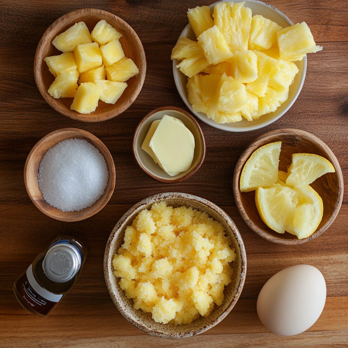 Overhead view of pineapple pie ingredients on a wooden surface: crushed pineapple, pineapple chunks, sugar, lemon slices, butter, a whole egg, and vanilla extract, all in small bowls with warm natural lighting.