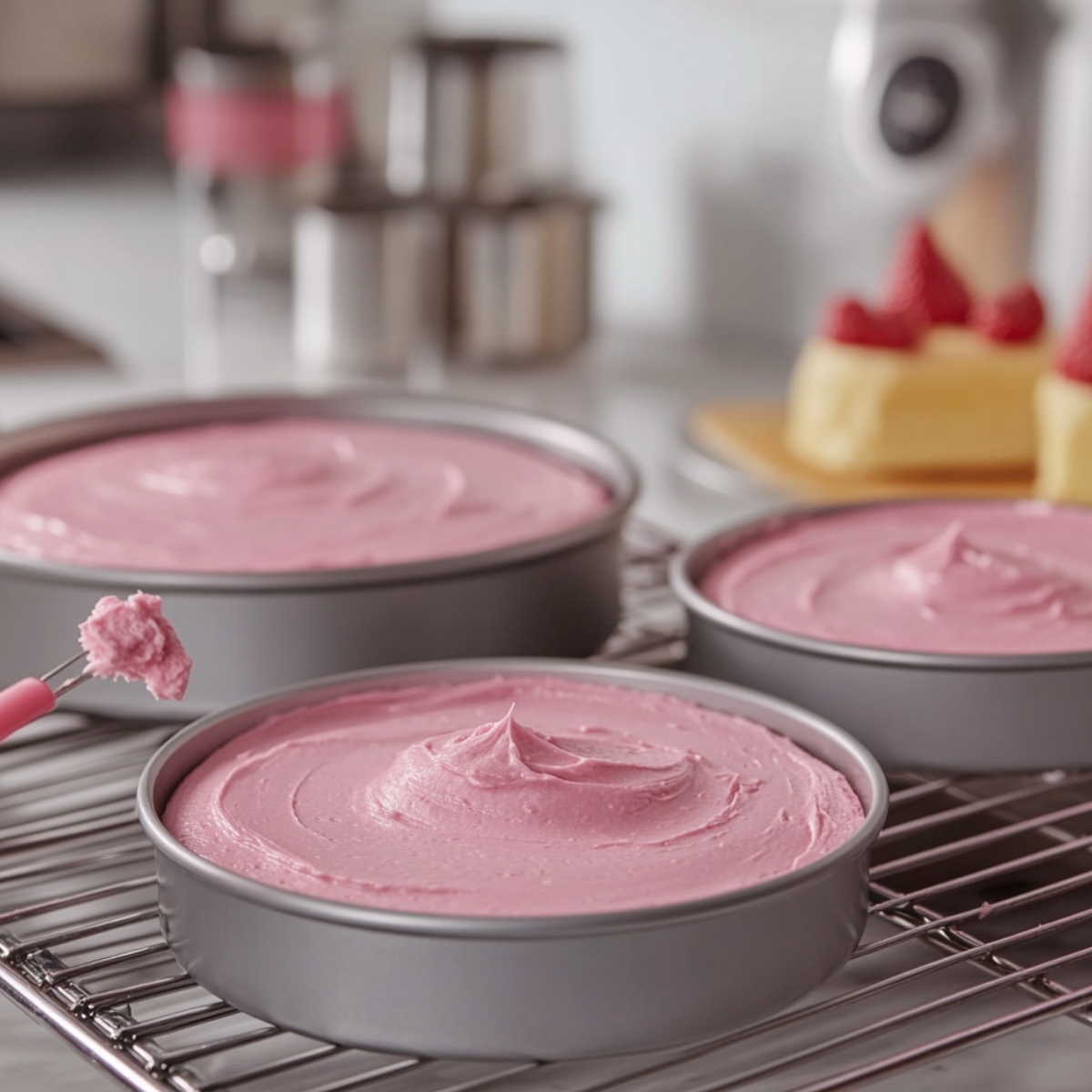 Three pans filled with smooth pink cake batter on a cooling rack, with a spatula holding a dollop in the foreground. Soft lighting, cozy homemade kitchen feel.