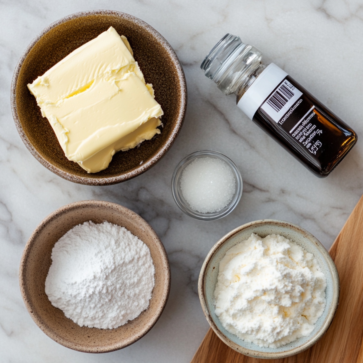 Top-down view of cream cheese frosting ingredients on a marble counter: a bowl of butter, a bottle of vanilla extract, a small dish of salt, powdered sugar, and cream cheese. Soft natural lighting, homemade feel.