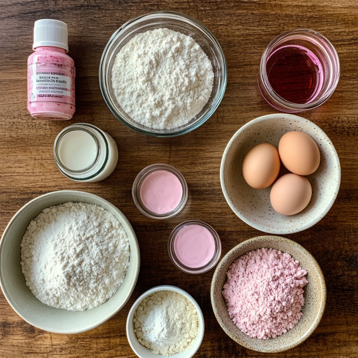 A top-down view of pink velvet cake ingredients on a wooden counter, including flour, eggs, buttermilk, pink food coloring, pink liquid, and powders in bowls and jars, naturally lit in a cozy kitchen setting.