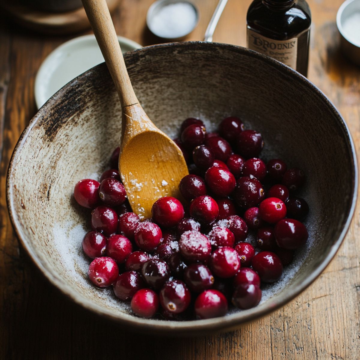 Fresh cranberries in a bowl with sugar, being mixed with a wooden spoon on a rustic wooden table.