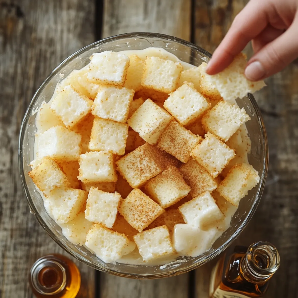 Hand placing cubes of angel food cake into a glass dish over pudding, with almond extract nearby.