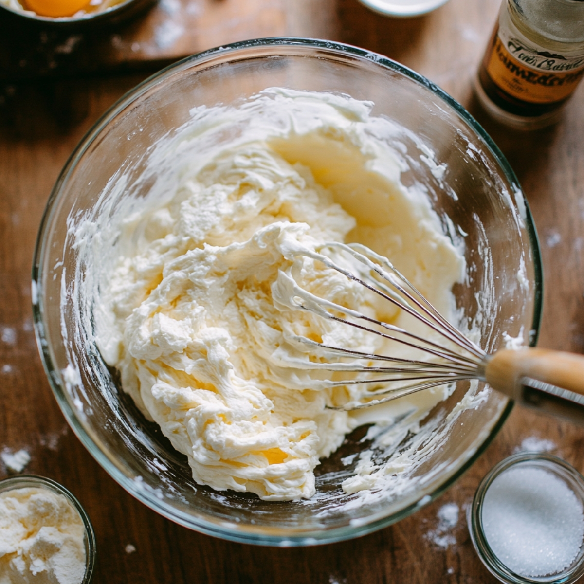 Creamy whipped filling in a glass bowl with a whisk, surrounded by sugar, flour, and vanilla on a rustic wooden surface.