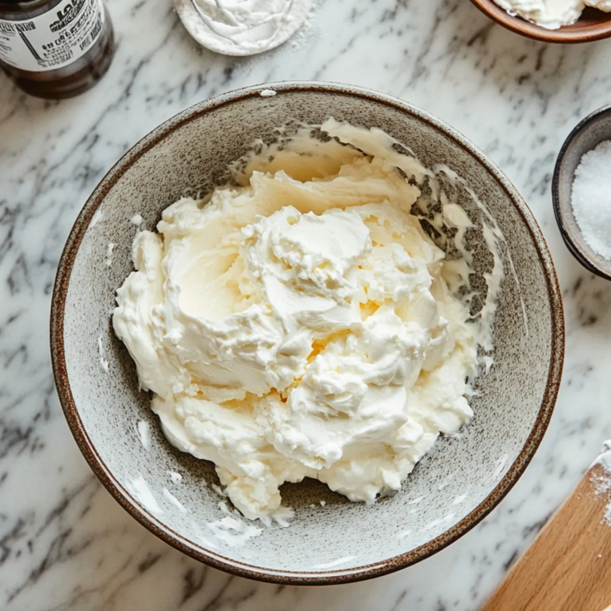 Whipped mascarpone filling in a ceramic bowl on a marble counter, surrounded by vanilla, sugar, and powdered sugar—homemade and naturally lit.
