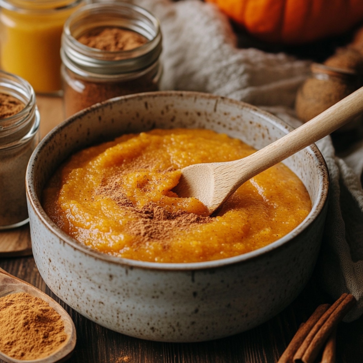 Rustic bowl of pumpkin puree being stirred with cinnamon on top, surrounded by spice jars and fall decor in a cozy kitchen.