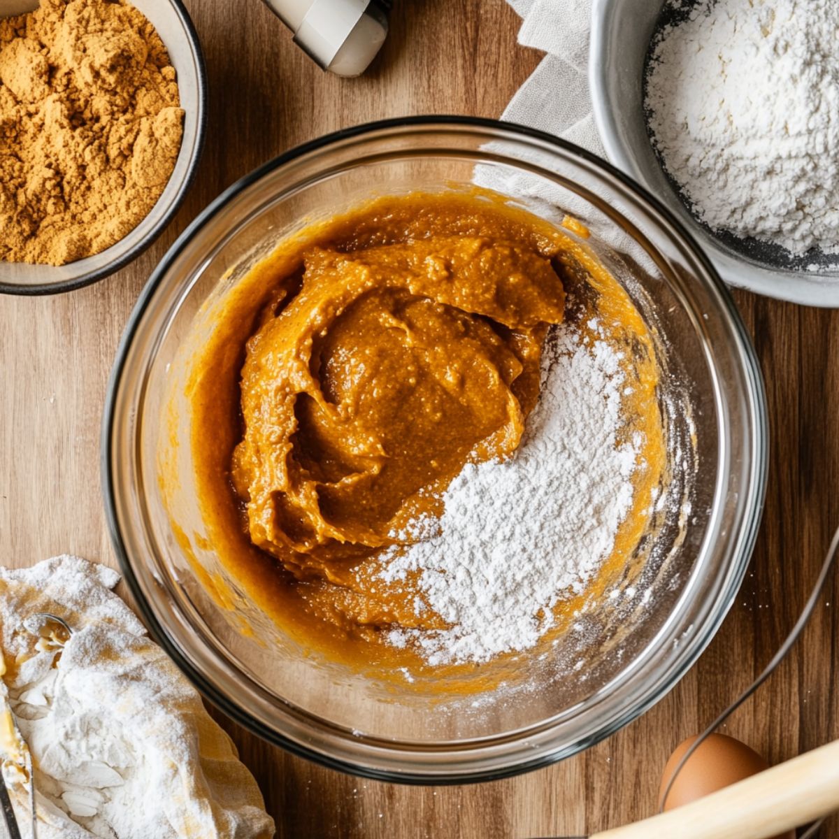 Pumpkin whoopie pie batter in a glass bowl with flour being mixed in, surrounded by flour, spices, and baking tools on a wooden surface.