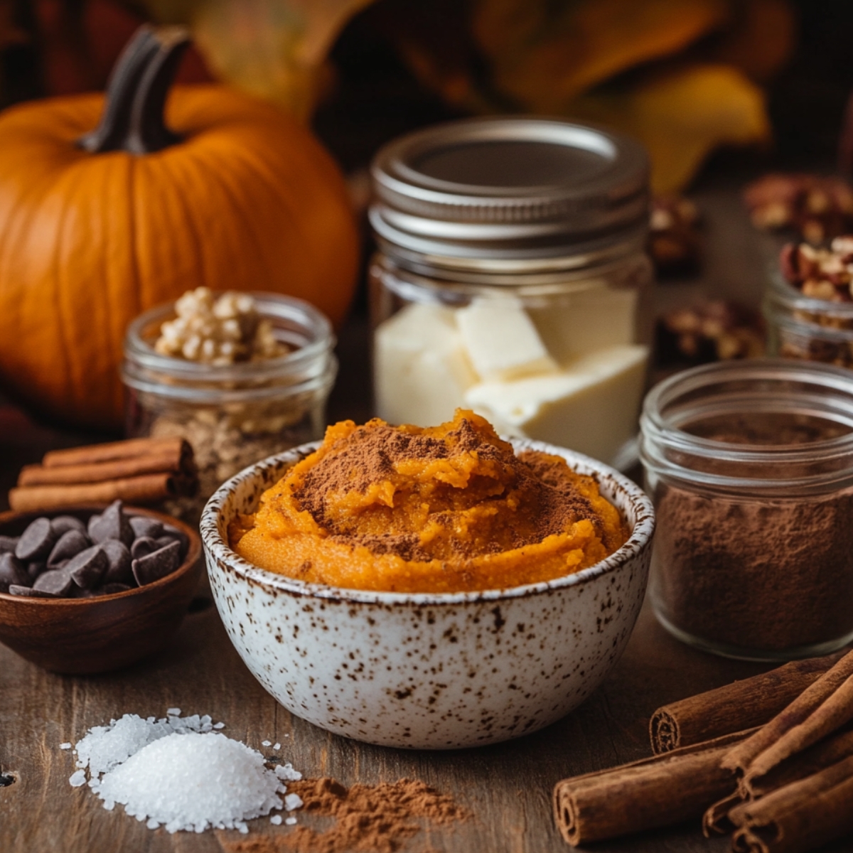 Pumpkin puree and warm spices arranged with optional add-ins like chocolate chips, cream cheese, nuts, and sea salt on a cozy fall kitchen counter.