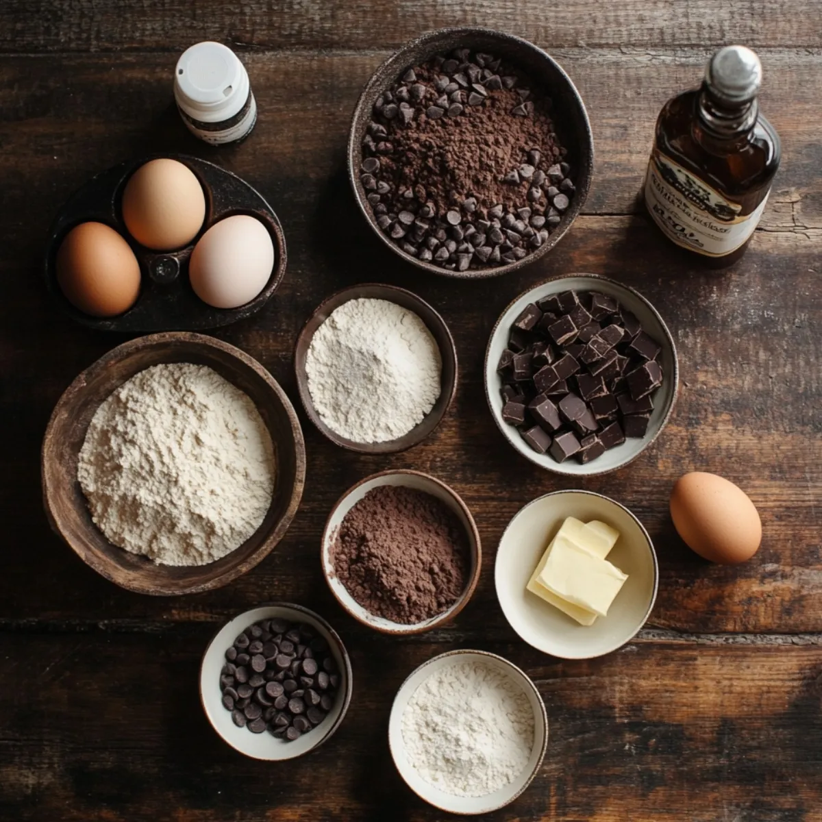 Neatly arranged brownie ingredients on a wooden counter: bowls of flour, cocoa powder, chocolate chips, sugar, brown sugar, eggs, butter, and vanilla in a cozy kitchen setup.