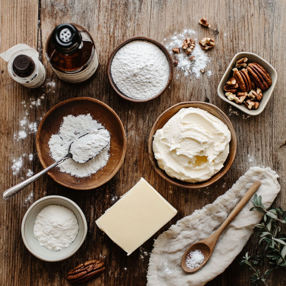 Cream cheese filling ingredients for pumpkin whoopie pies on a rustic wooden table, including cream cheese, butter, powdered sugar, vanilla extract, salt, and chopped pecans.