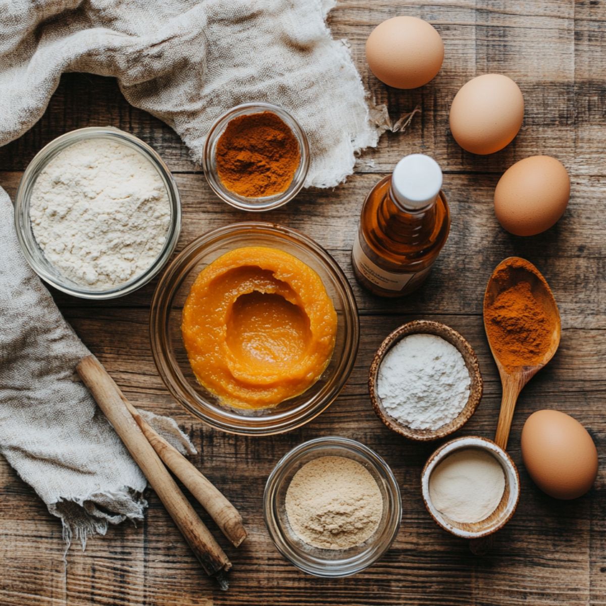 Pumpkin whoopie pie ingredients on a rustic wooden table, including pumpkin puree, flour, spices, eggs, vanilla, and baking essentials arranged in bowls and spoons.