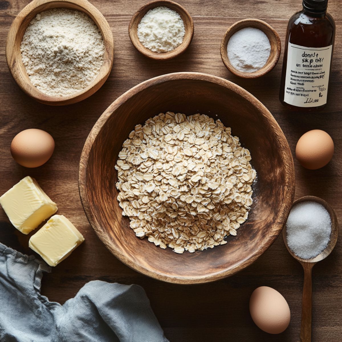 Rustic flat lay of oatmeal cookie ingredients including rolled oats, eggs, butter, sugar, flour, and vanilla on a wooden surface.