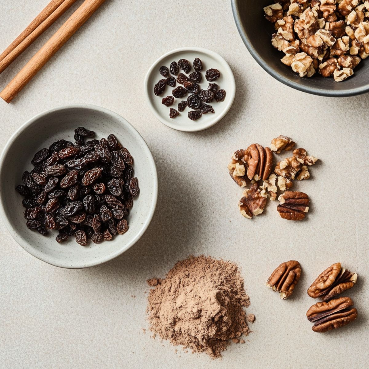 Flat lay of raisins, chopped nuts, cinnamon sticks, and ground spice on a light surface—ingredients for homemade Quaker oatmeal cookies.