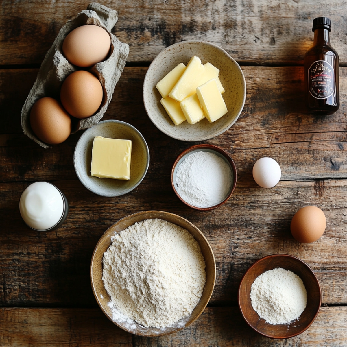 Baking ingredients for homemade rhubarb cake, including eggs, butter, flour, sugar, vanilla, and sour cream on a rustic wooden surface.