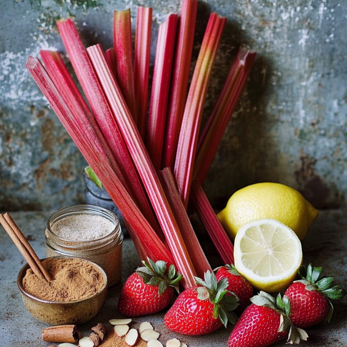 Fresh rhubarb stalks, strawberries, lemon, cinnamon, and almonds arranged as ingredients for a homemade rhubarb cake.