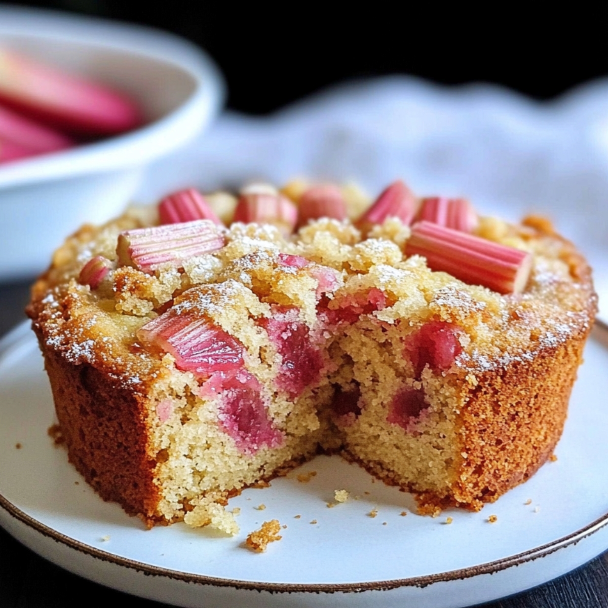 Homemade rhubarb cake with a golden crust, pink rhubarb chunks, and a dusting of powdered sugar, with one slice cut out to show its moist crumb.