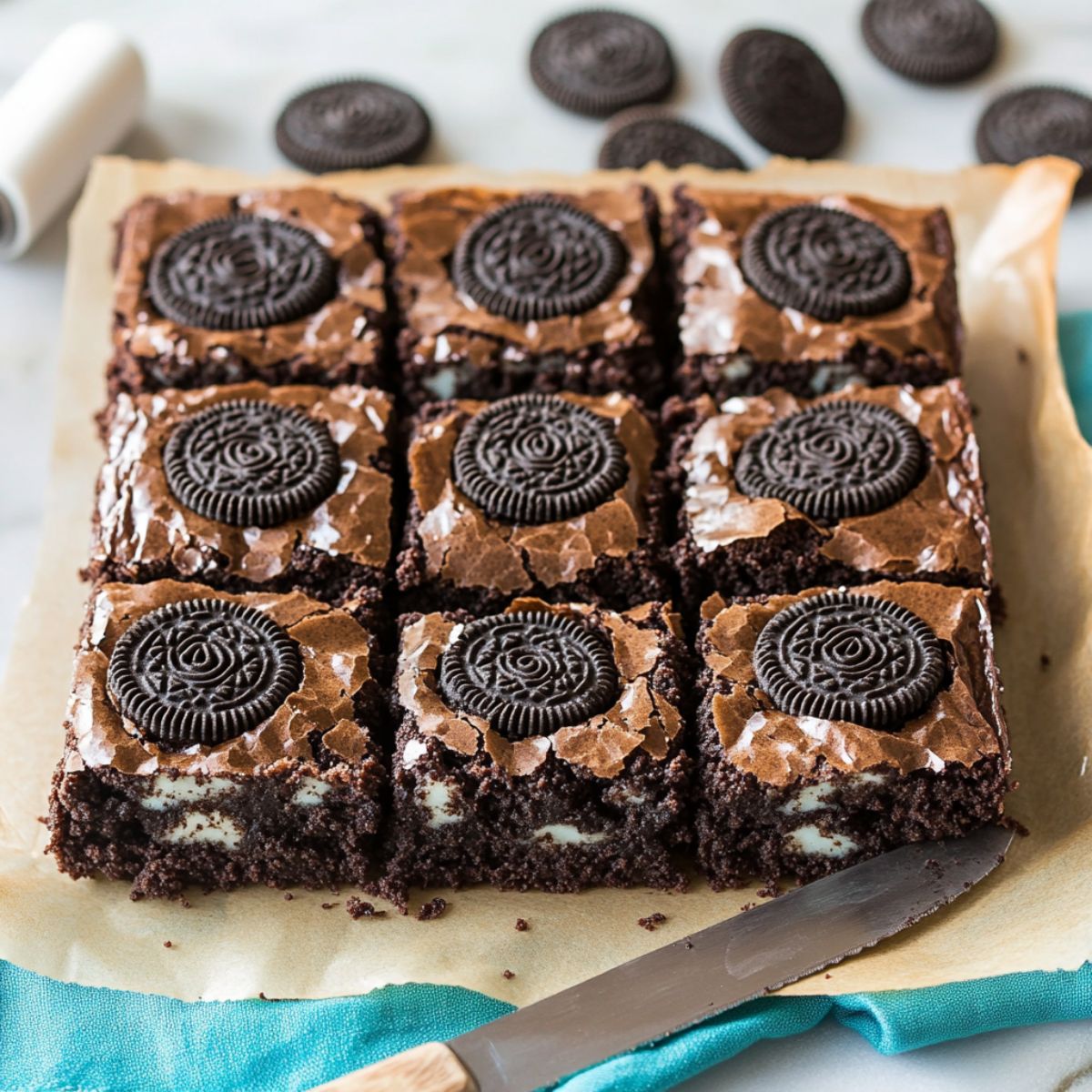 Oreo brownies topped with whole cookies, sliced and ready to serve.