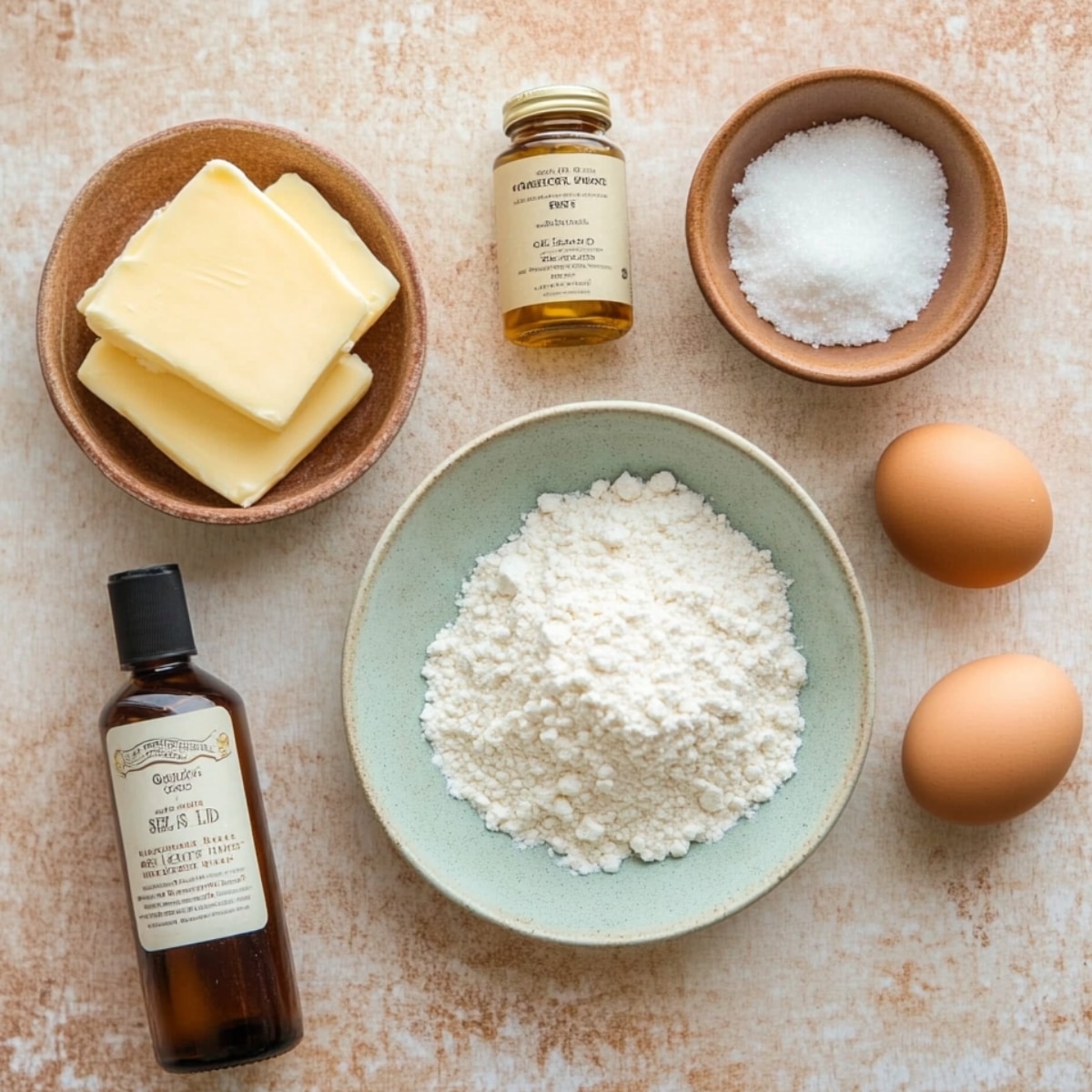 Flat lay of baking ingredients for homemade salted caramel cookies, including flour, butter, sugar, eggs, vanilla, and flavoring oil on a beige surface.