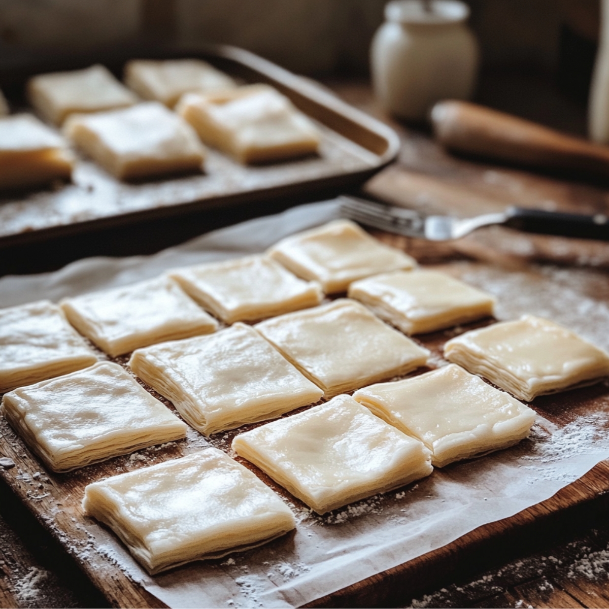 Neatly cut puff pastry squares on parchment paper, ready for baking, with a fork and flour-dusted surface nearby.