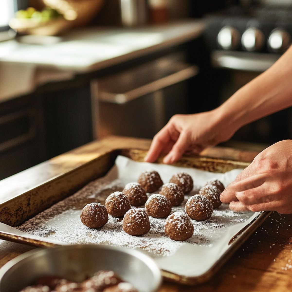 Hands arranging sugar-coated molasses cookie dough balls on a parchment-lined baking sheet in a warmly lit home kitchen, ready to bake.