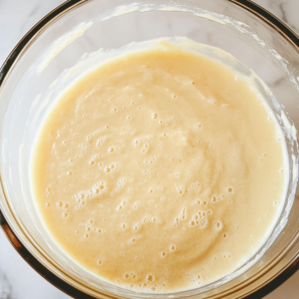Close-up of smooth, golden vanilla cake batter in a glass bowl on a white marble counter.