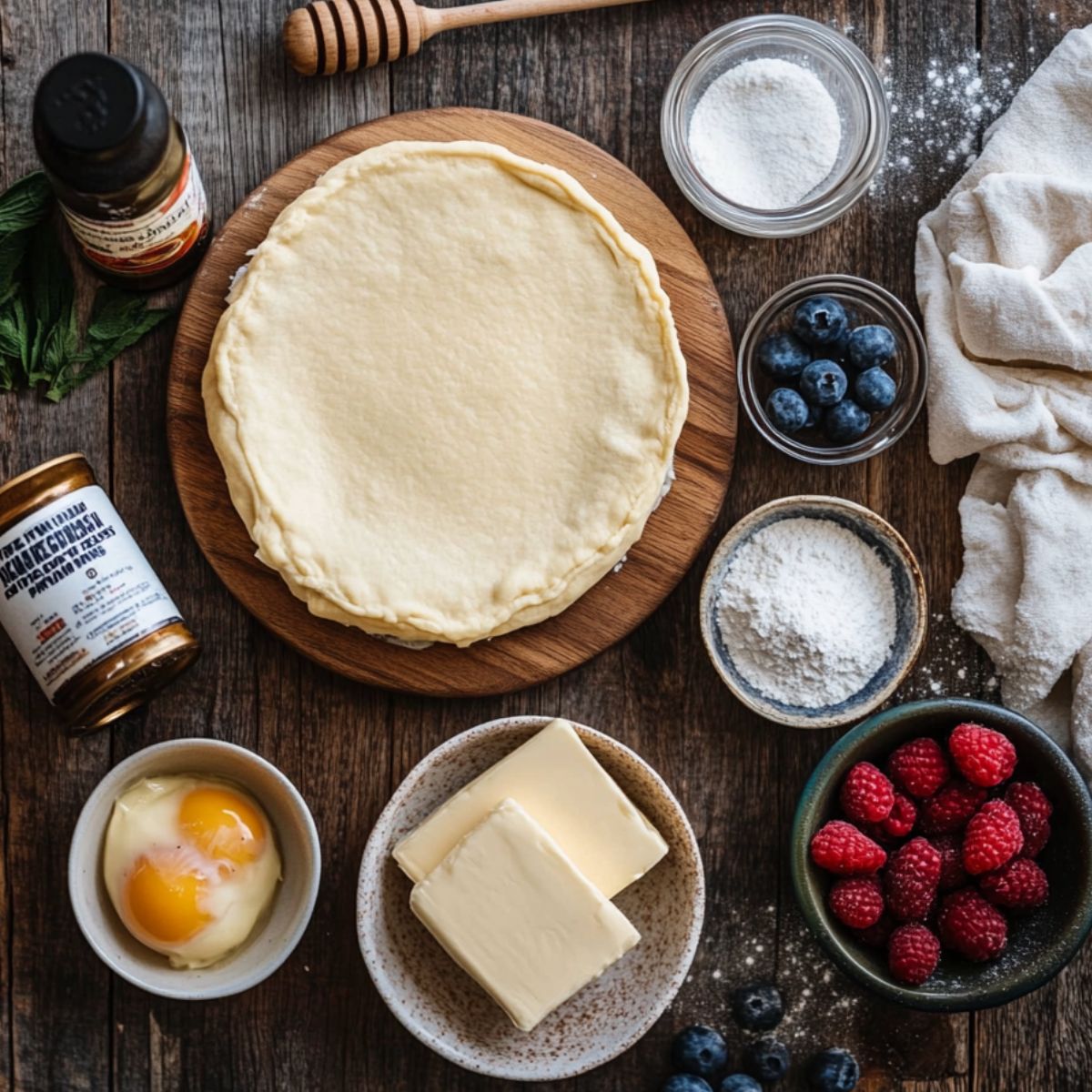 Homemade sopapilla cheesecake ingredients on a rustic table, including rolled dough on a wooden board, eggs, butter, powdered sugar, honey, vanilla, blueberries, raspberries, and scattered flour.
