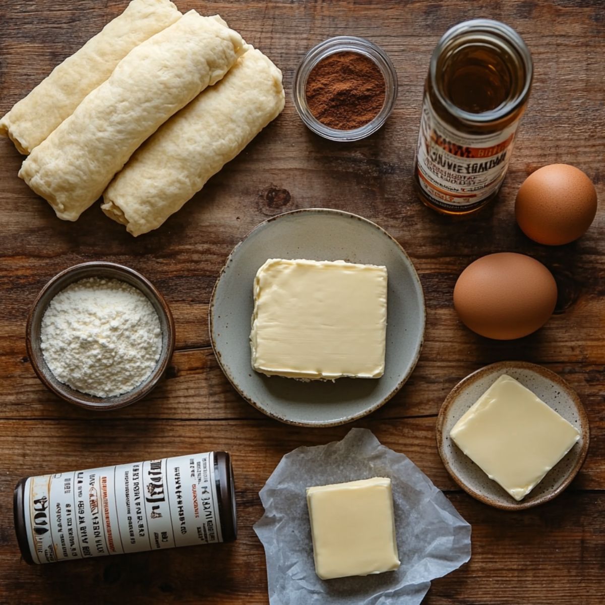 Ingredients for homemade sopapilla cheesecake on a rustic wooden table, including crescent dough, cream cheese, butter, sugar, cinnamon, eggs, and vanilla extract.
