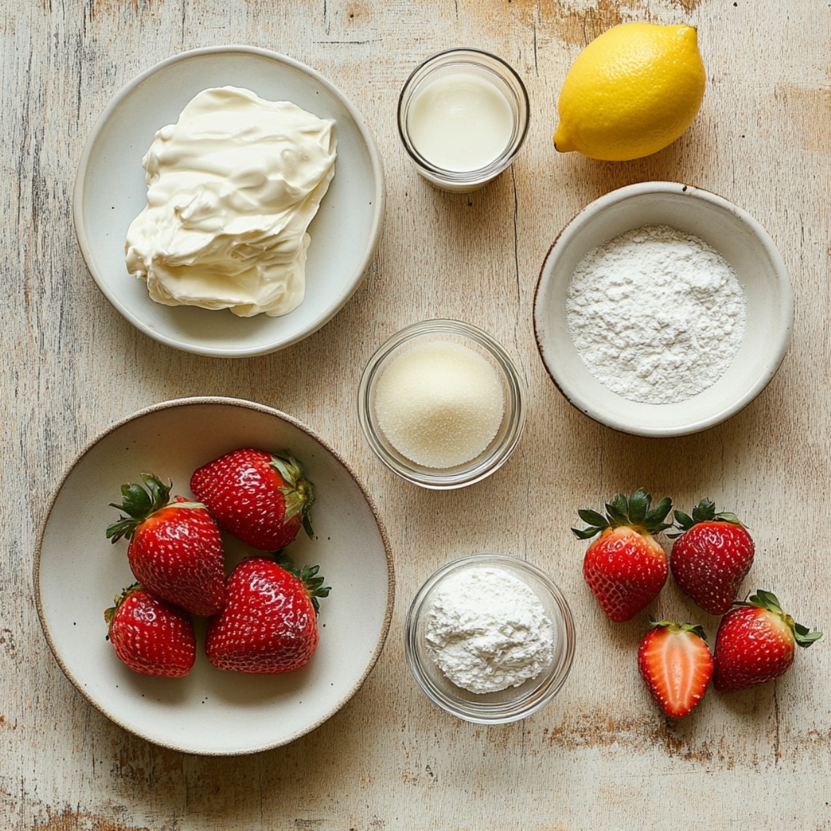 Fresh ingredients for a homemade strawberry cream cheese pie on a rustic wooden surface, including strawberries, cream cheese, lemon, powdered sugar, gelatin, and cream, arranged in ceramic and glass bowls under natural light.