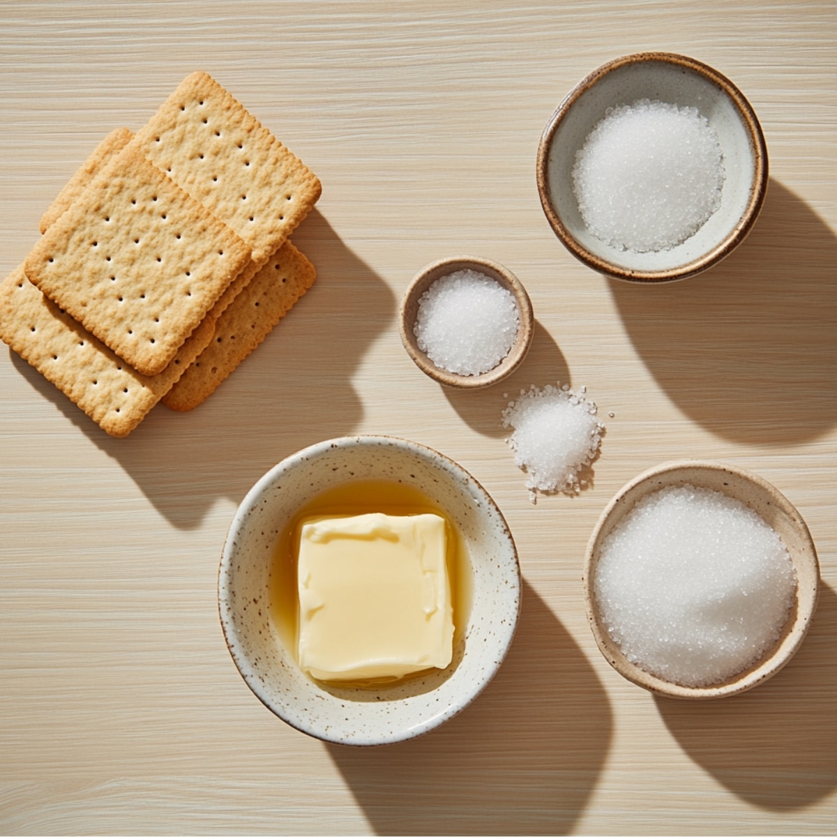 Ingredients for a homemade strawberry cream cheese pie on a light wooden surface, including graham crackers, sugar in ceramic bowls, and a pat of melting butter in a speckled dish, lit by warm natural sunlight.