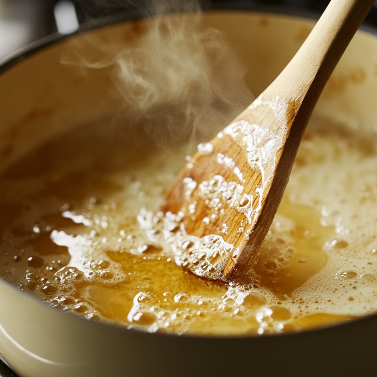 Brown butter bubbling in a light pan with steam rising and a wooden spoon stirring.