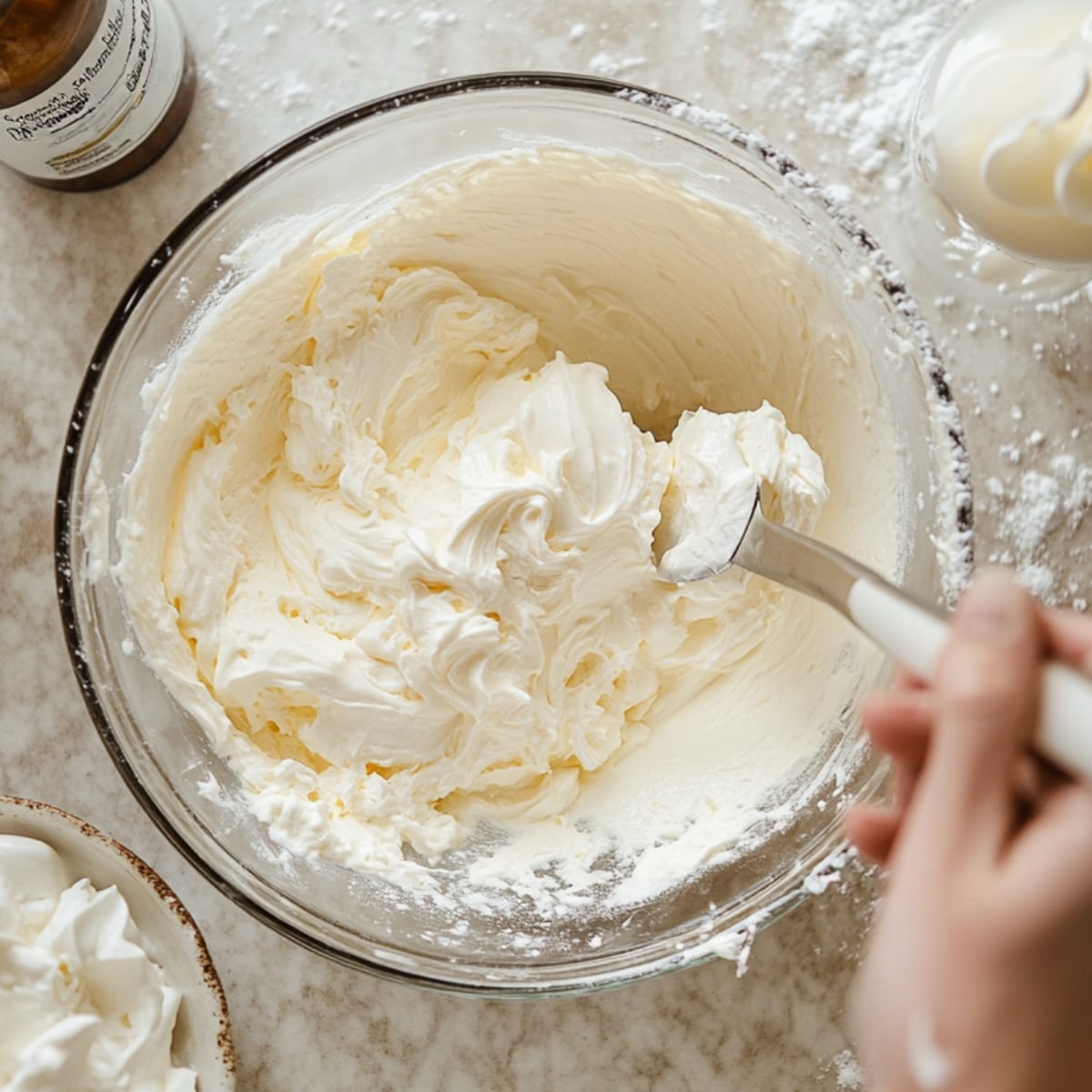 A hand mixing a creamy, whipped cream cheese filling in a glass bowl on a floured marble surface, with soft peaks forming and powdered sugar scattered around—perfect for a homemade strawberry cream cheese pie.