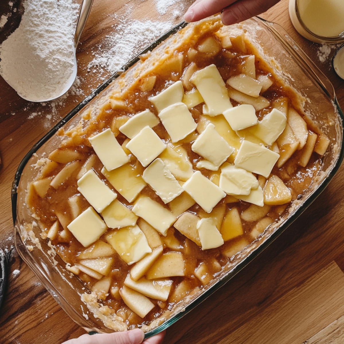 Apple pie filling in a glass baking dish topped with slices of butter, ready to bake for a homemade caramel apple dump cake.
