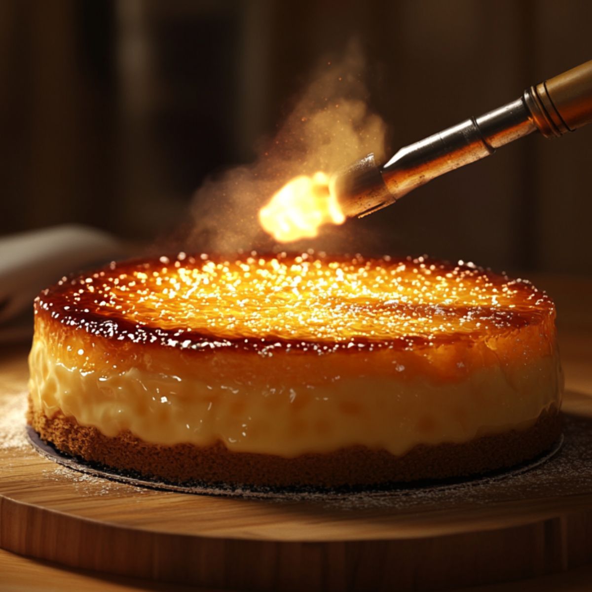 A kitchen torch caramelizing the sugar topping on a homemade crème brûlée cake, creating a golden, glossy crust over creamy custard and a crumb base.