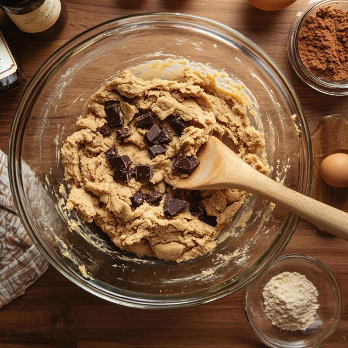 Cookie dough with chocolate chunks in a glass bowl, being mixed with a wooden spoon on a wooden counter.