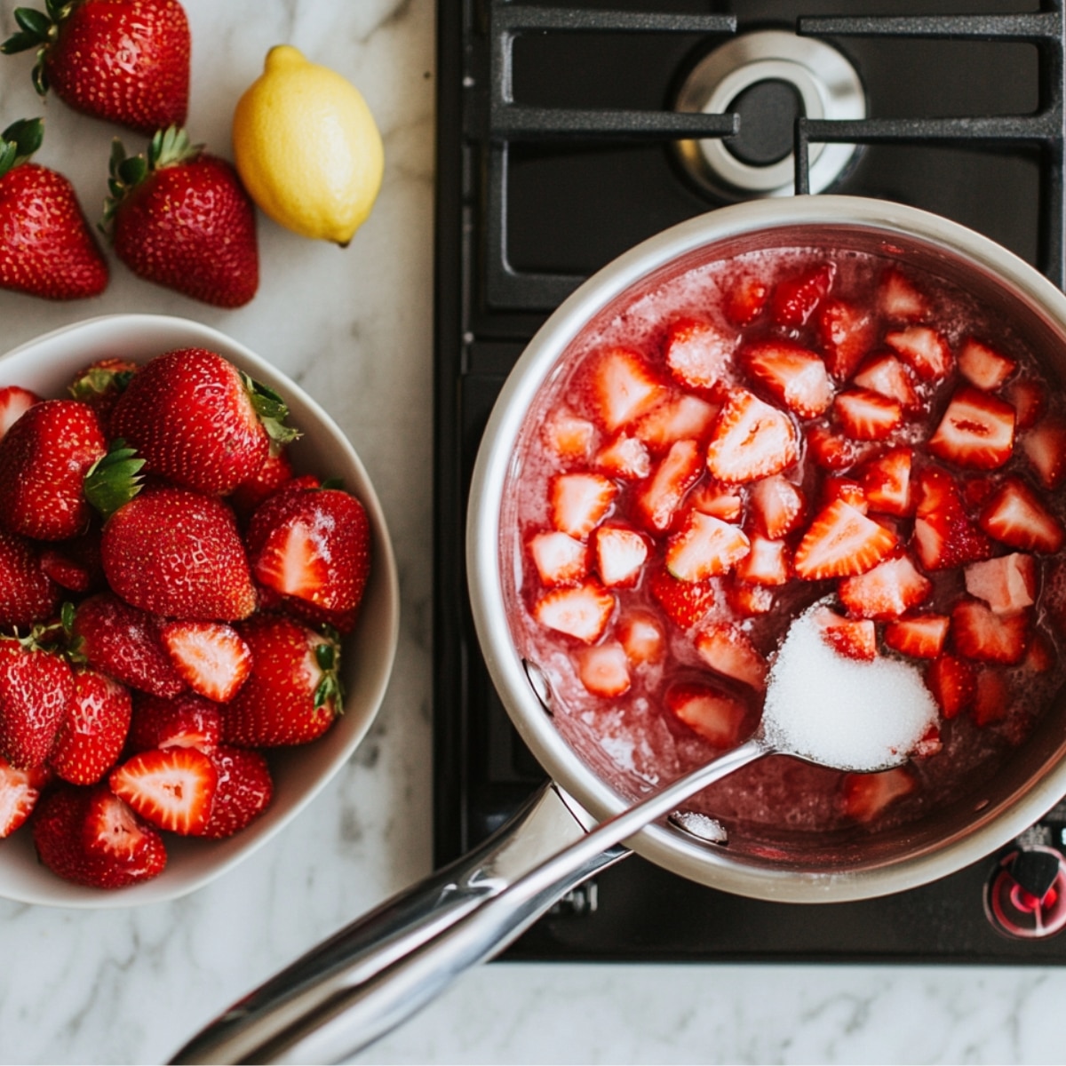 Freshly chopped strawberries simmering in a saucepan with sugar on a stovetop, with a bowl of whole strawberries and a lemon beside it—preparing a homemade topping for strawberry cream cheese pie.