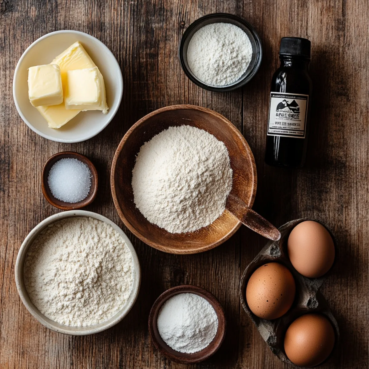 Homemade tiramisu cookie ingredients on a rustic wooden table: flour, sugar, butter, eggs, vanilla extract, baking powder, and salt, all naturally lit in a cozy kitchen setting.