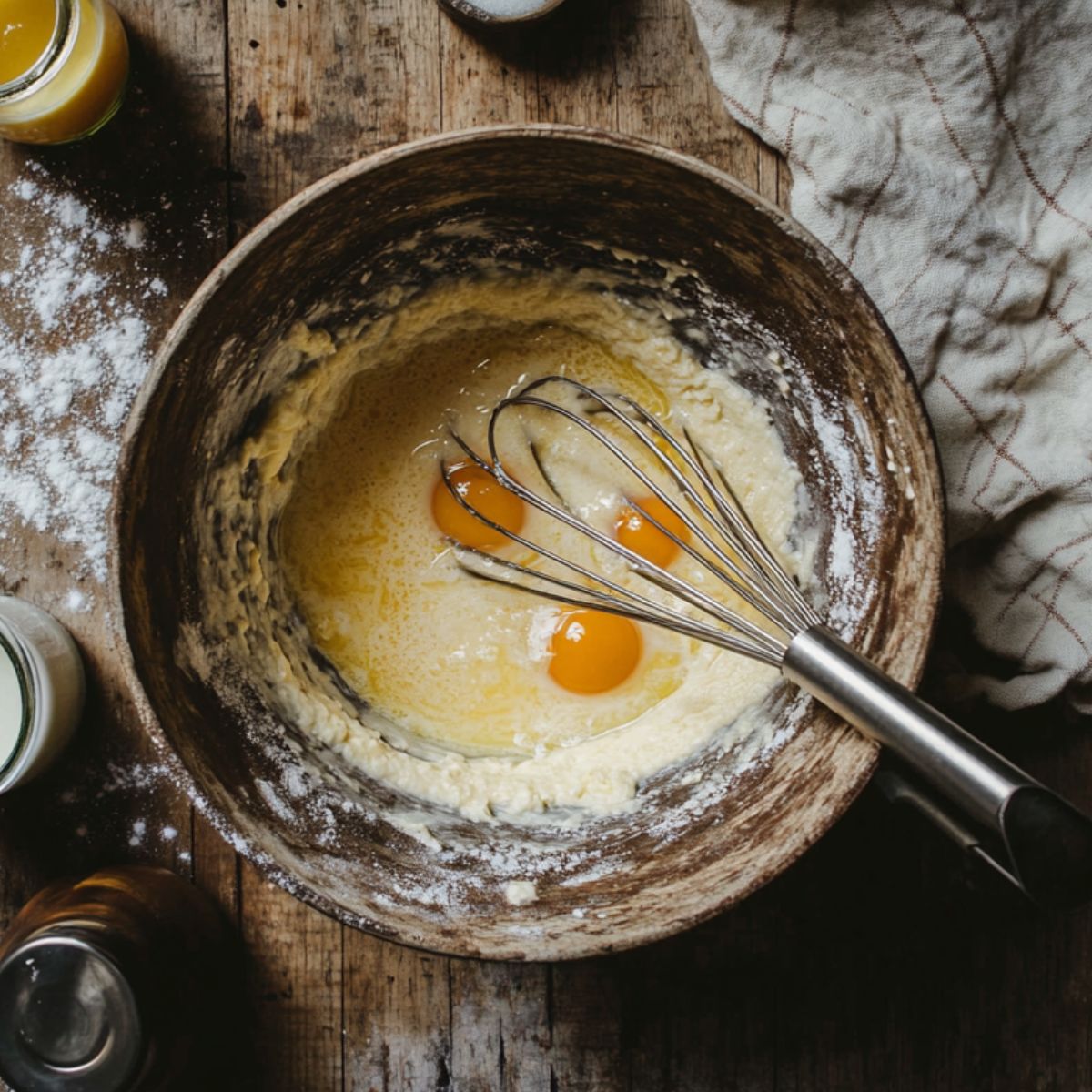A bowl with eggs, sugar, and batter being mixed with a whisk, surrounded by milk, oil, and flour on a wooden counter—ready for baking.