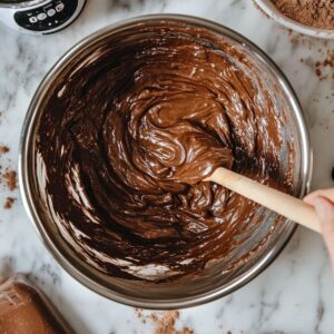 Glossy gluten-free brownie batter being gently mixed in a metal bowl with a wooden spatula on a marble counter.